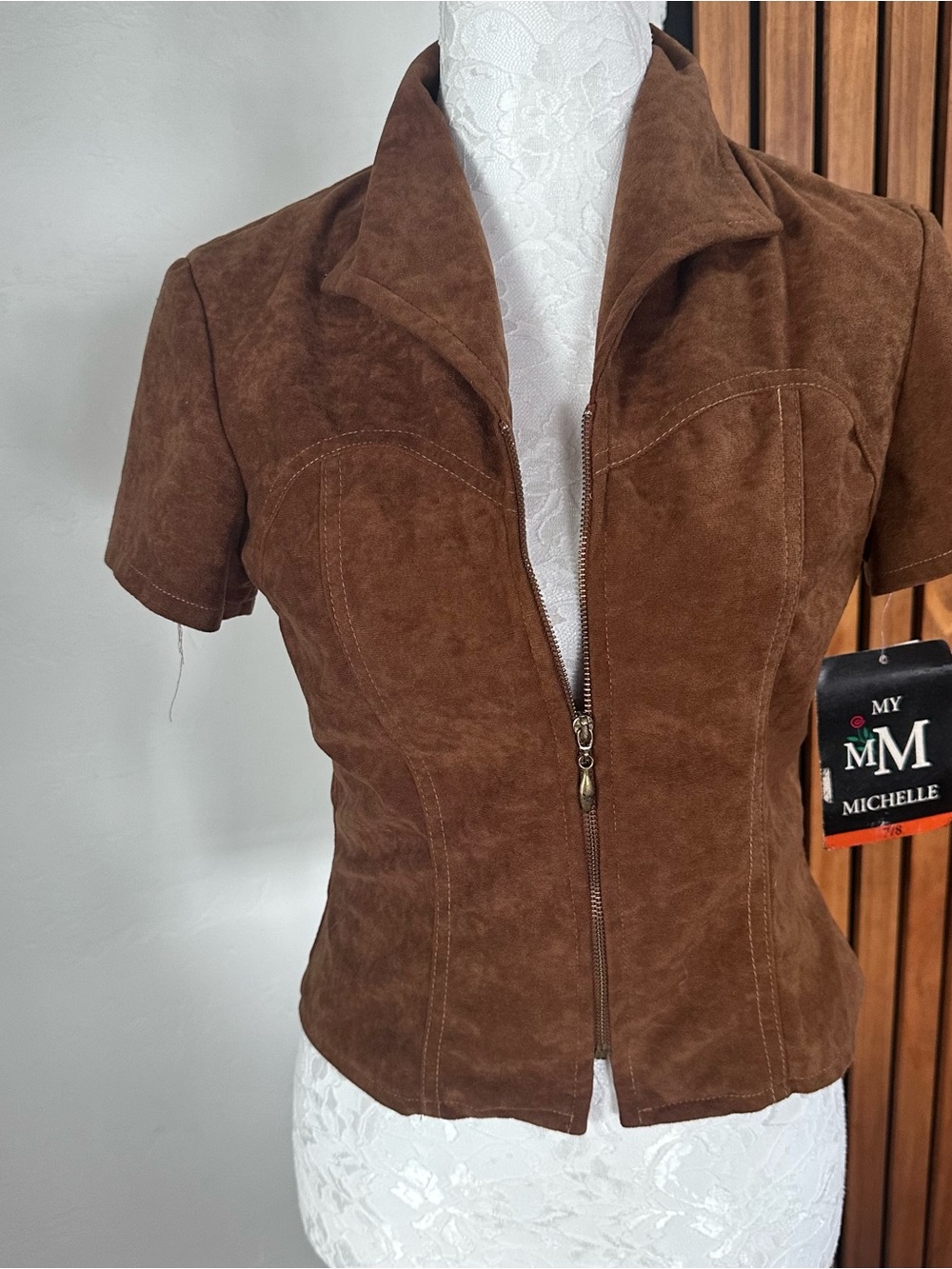 My Michelle Brown Faux Suede Short-Sleeve Zip Front Jacket